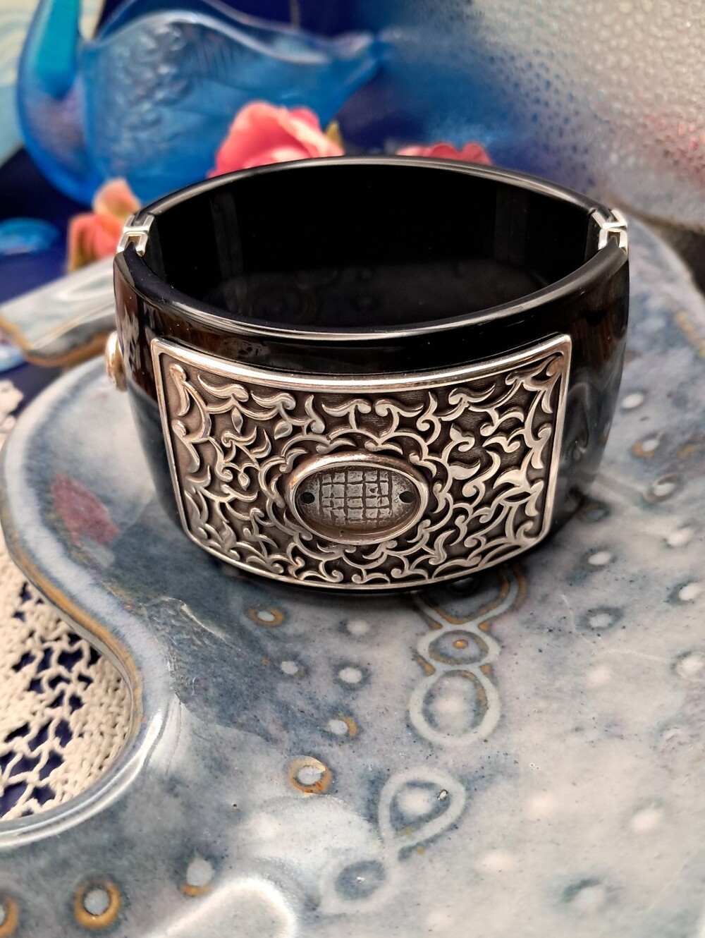 Ornate Black Clamp Bracelet w/ Silvertone Plate